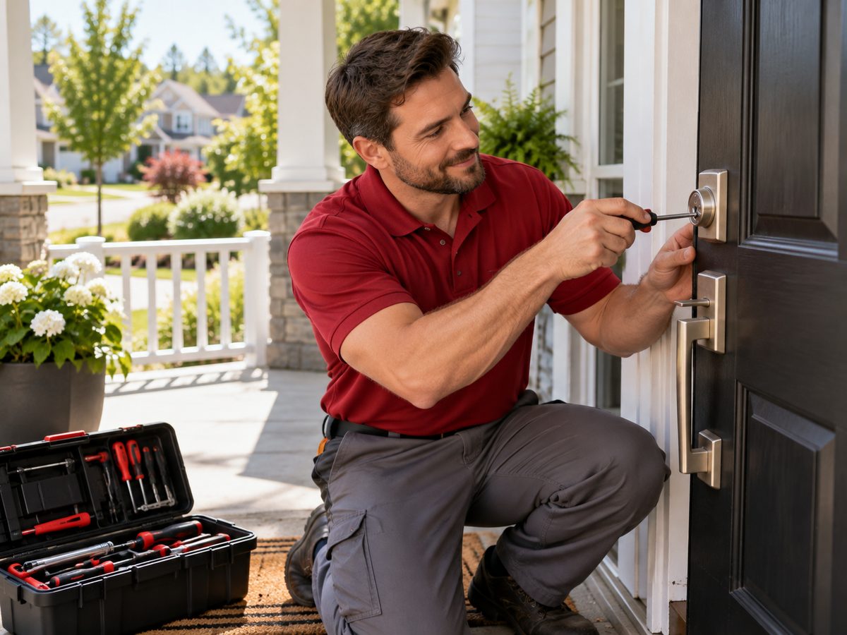 Lucaslocksmith technician installing a lock at a home in Clinton, NY