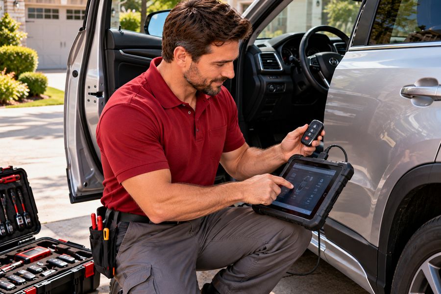 Automotive locksmith programming a car key