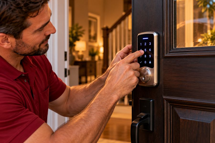 Smart lock with keypad on a residential door